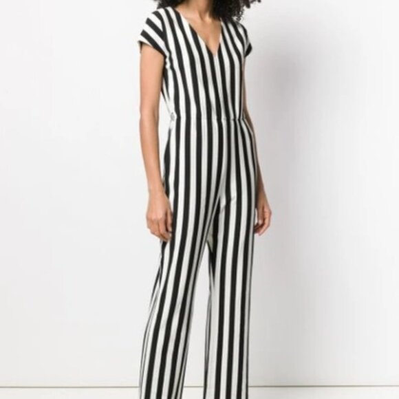 MAX MARA Black & White Striped Short Sleeve V-Neck Jumpsuit Small - Picture 1 of 5
